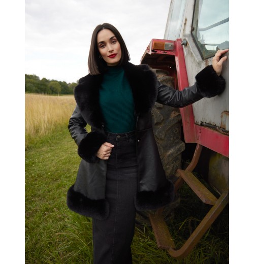 PU Faux Fur Trimmed Belted Coat PU Faux Fur Trimmed Belted Coat