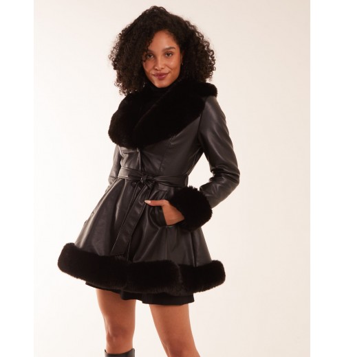PU Faux Fur Trimmed Belted Coat PU Faux Fur Trimmed Belted Coat