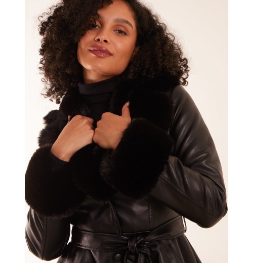 PU Faux Fur Trimmed Belted Coat PU Faux Fur Trimmed Belted Coat
